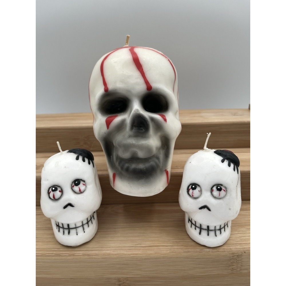 Vintage Halloween Skull Candles Set of 3 Unused Wax Skeleton Gothic Horror Decor
